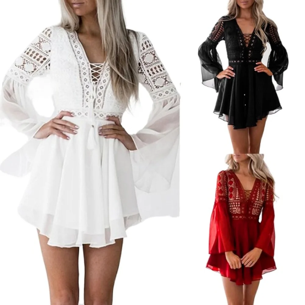 

2021 long dress water soluble lace hook flower cut-out V-neck strap trumpet Long Sleeve Chiffon Dress in summer long maxi dress