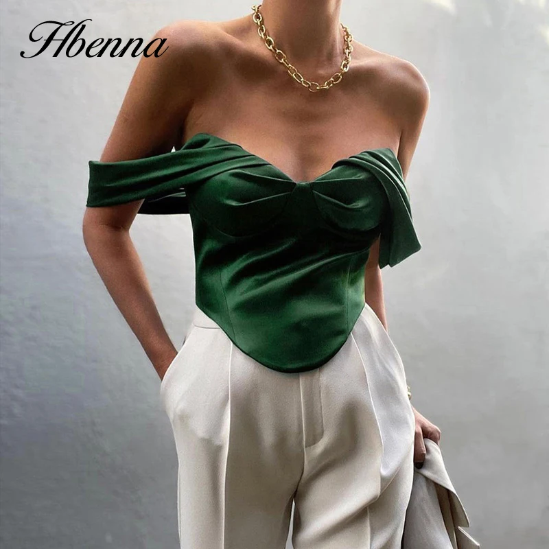 

Hbenna Satin Crop Top Women Green Sleeveless Off Shoulder Elegant Sexy Camis Women Summer Sexy Backless Slim Irregular Hem 2021
