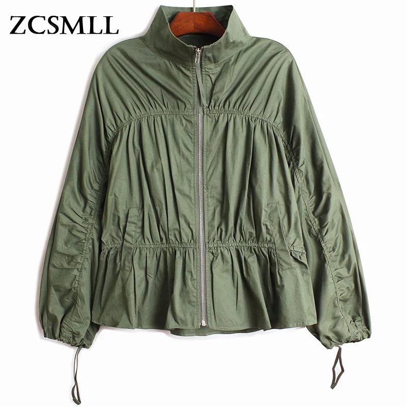 

ZCSMLL Loose Fit Army Green Pleated Big Size Jacket New Stand Collar Long Sleeve Women Coat Fashion Spring Autumn 2021