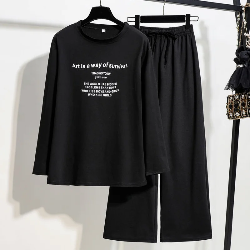 

Women Sets Printed Short Sleeve O-neck T-shirts Ankle-length Drawstring Wide Leg Trousers Trendy Casual Ulzzang All-match Chic