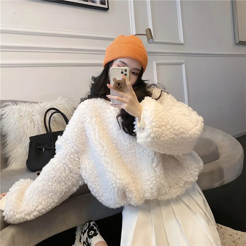 

Lucyever Kawaii Furry Pink Sweatshirt Women 2020 New Korean Style Lazy Plush Pullovers Woman Casual Loose Womens Winter Tops
