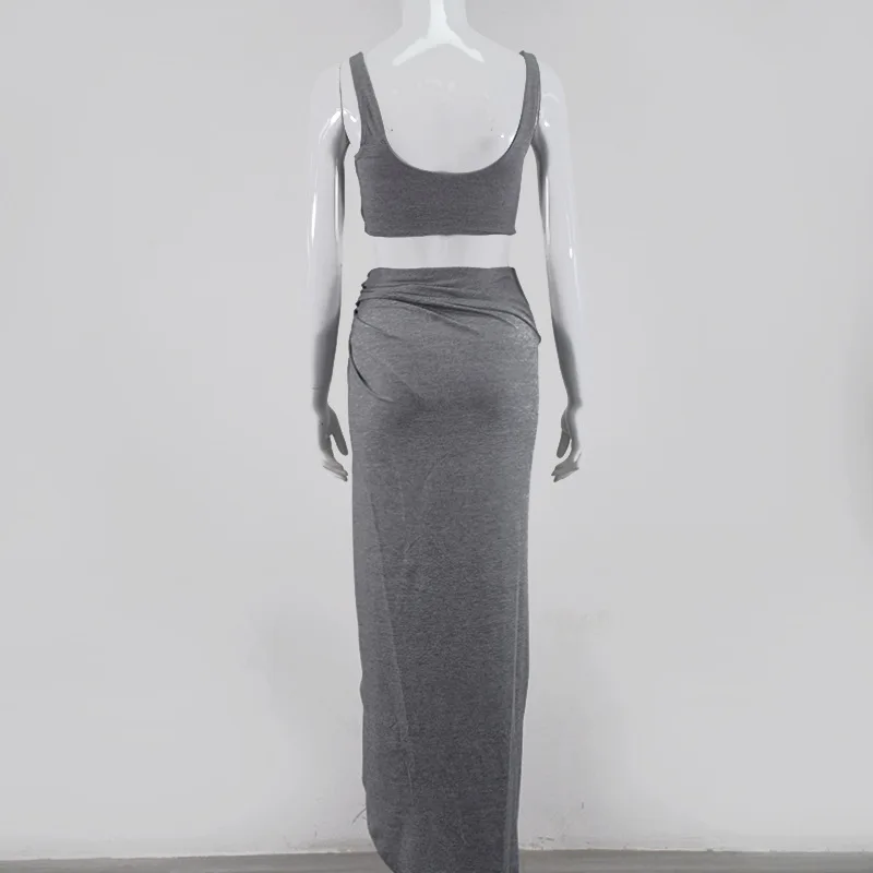

Solid color sleeveless sling tube top crop top and solid color high waist split long skirt two piece set women outfit sets