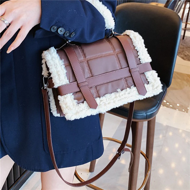 

Fashion Plush Tote Women's Handbag Casual Lambswool Pu Leather Shoulder Messenger Bags For Women's Crossbody Bag Purse