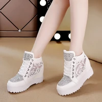 women high top shoes casual high heel shoes woman 2020 crystal white lace fabric platform sneaker woman comfortable shoes