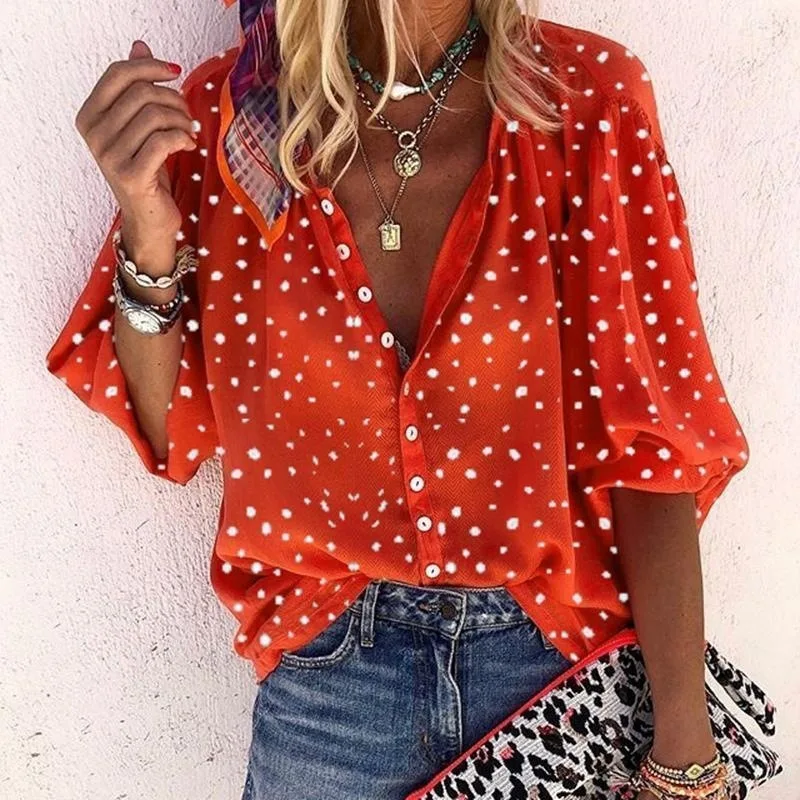 

Spring Summer New Women Shirt Turn-Down Collar Long Sleeve Casual Shirts Loose Button Dot Printed Tops Ladies Blouses Plus Size