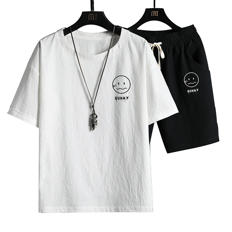 

Linen SeriesMen Short Set 2021 Summer New T-Shirt+Shorts 2 Pieces Sports Suit Comfortable Home Male Clothes Jogging Tracksuit