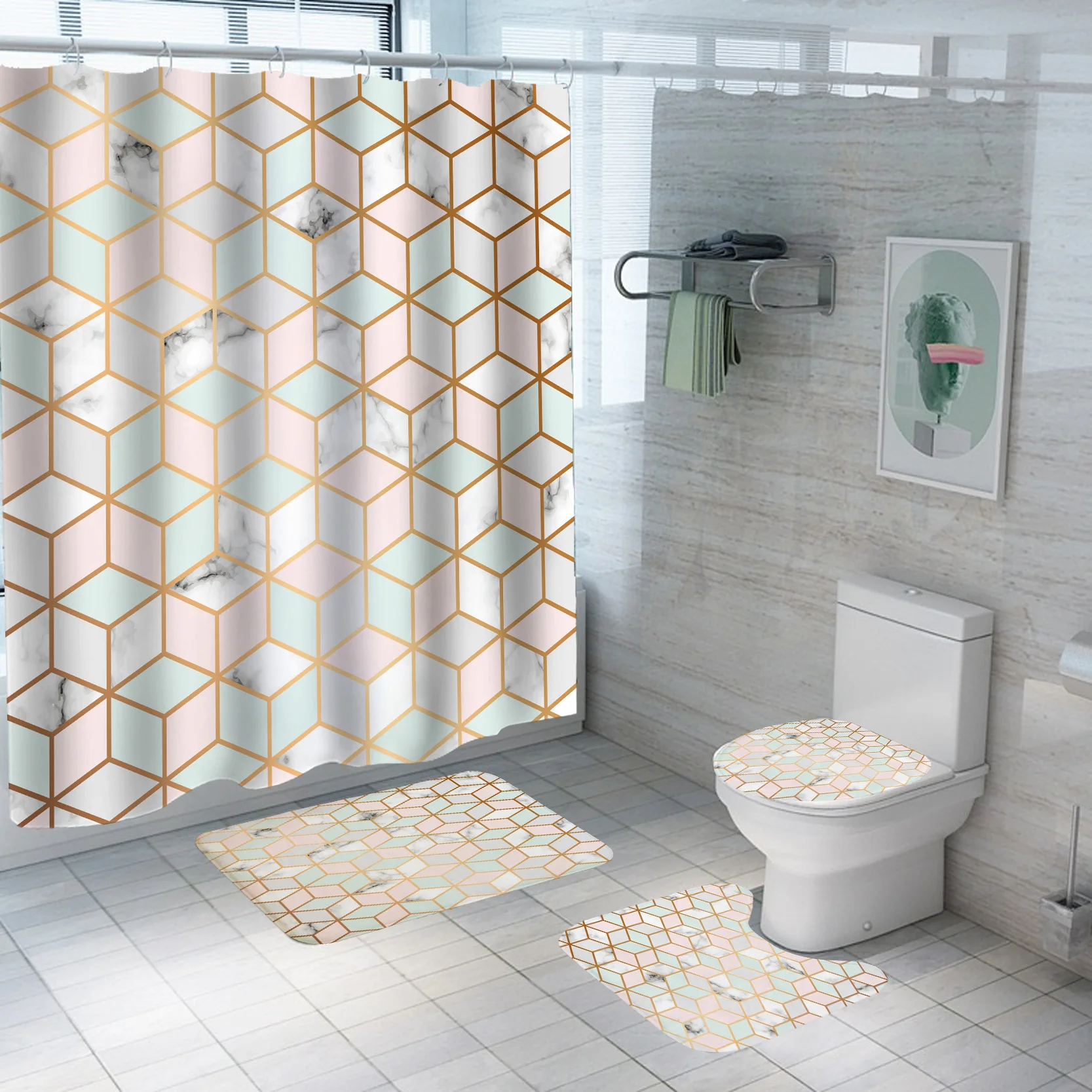 

Custom 3D Digital Print Geometric Shape Polyester Waterproof Bathroom Shower Curtain and Mats Set