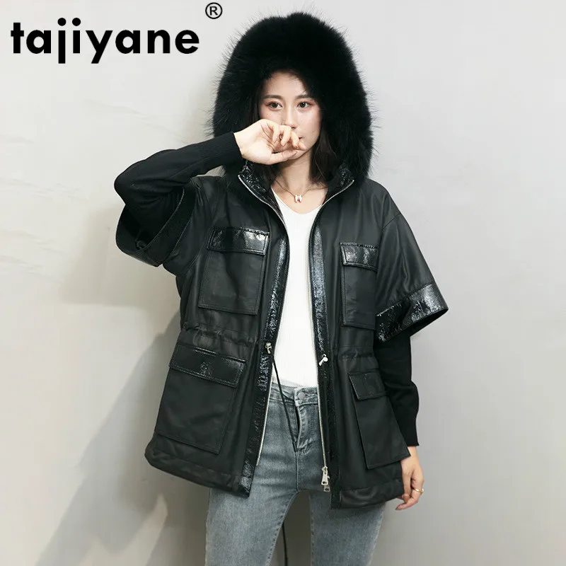

Tajiyane 2020 Autumn Women's Leather Jacket Sheepskin Coat Motocycle Hooded Woman Coat Women Coats Cuero Genuino 9910 WPY751
