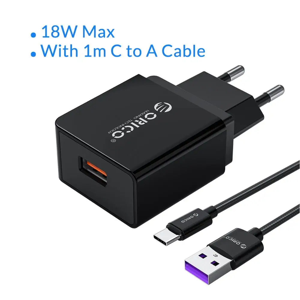 Black with cable ORICO QC3.0 USB зарядное устройство для путешествий 18 Вт QC3.0 2,0 Быстрый Мобильный телефон ЕС вилка настенное зарядное устройство адаптер для Xiaomi iPhone samsung huawei - Тип штекера: Black with cable