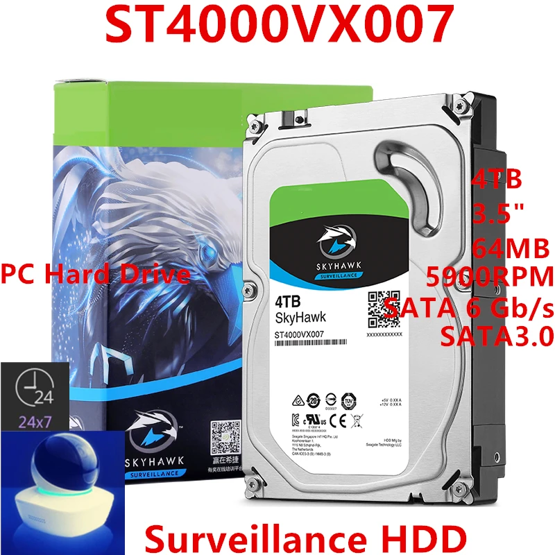 Новый HDD для Seagate Brand Skyhawk 4 ТБ 3 5 &quotSATA 6 ГБ/сек. 64MB 5900RPM внутреннего жесткого диска