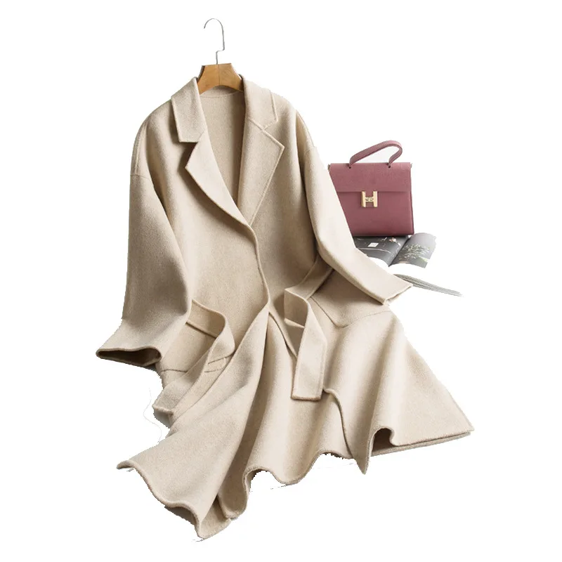 Женское зимнее шерстяное двубортное длинное твидовое пальто с открытым стежком |