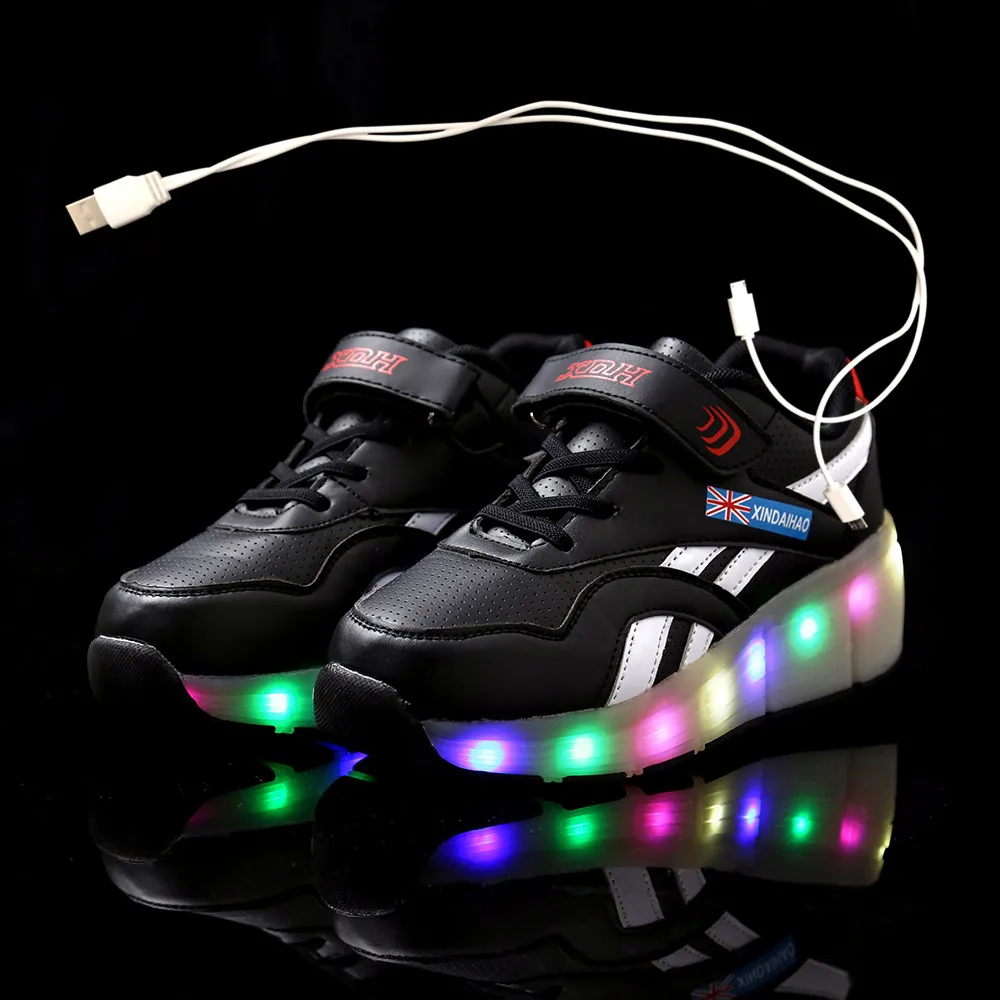 

shoese Pink Black USB Charging Fashion Girls Boys LED Light Roller Skate Shoes For Children Kids Sneakers With Wheels One wheels