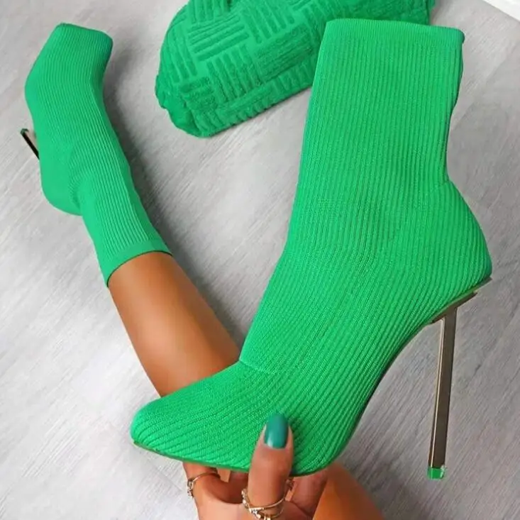 

The new square toe sexy stiletto knit socks boots women's stretch high heel mid-tube boots all-match fashion women's
