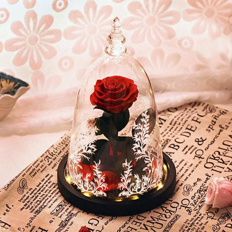 

Red Enchanted Roses with LED Light In Glass Dome Beauty and The Beast Flowers Preserved Flowers Mothers Day Gifts for Women