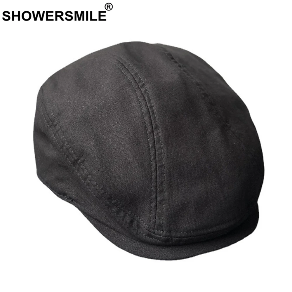 

SHOWERSMILE Black Big Large Cotton Linen Mens Beret Summer breathable Flat Cap Driver Hat Solid Black Newsboy Caps 58-60cm