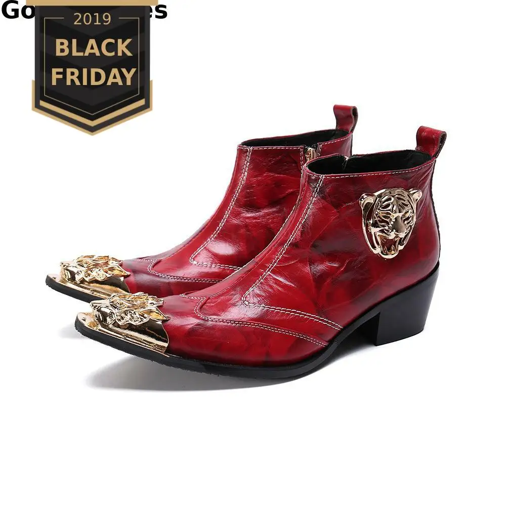 Autumn Boots Men Fashionable Metal Decoration Cap Toe Red Genuine Leather Short Side Zipper Slip On | Обувь