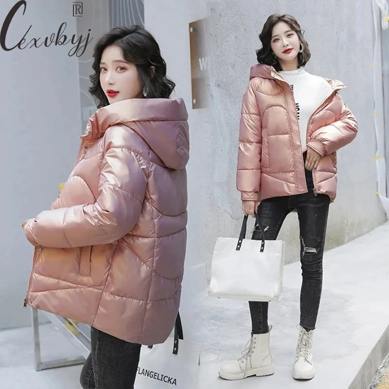 

Куртка-дутик Женская Блестящая, ветрозащитная, с капюшоном, на осень/зиму, размера плюс