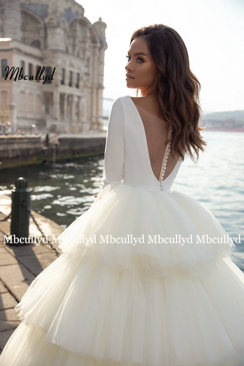 Mbcullyd New Luxury Ball Gown Wedding Dress 2020 Long Tulle Sashes Court Train V Neck Bridal Dresses with Tiered Skirt Custom