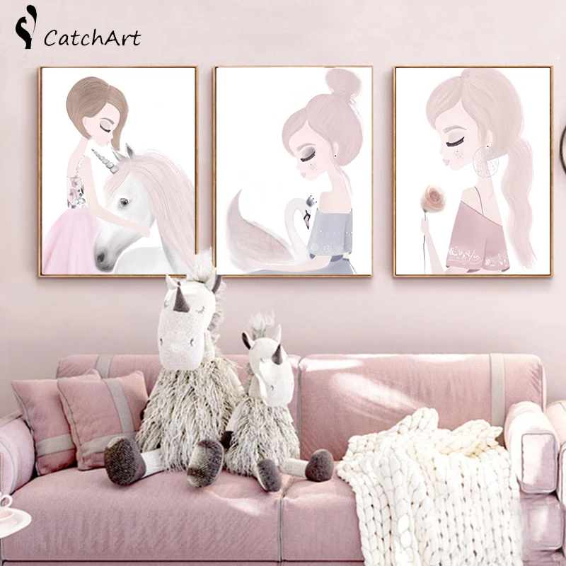 Скандинавский мультфильм Розовый Единорог олень кролик девушка холст живопись
