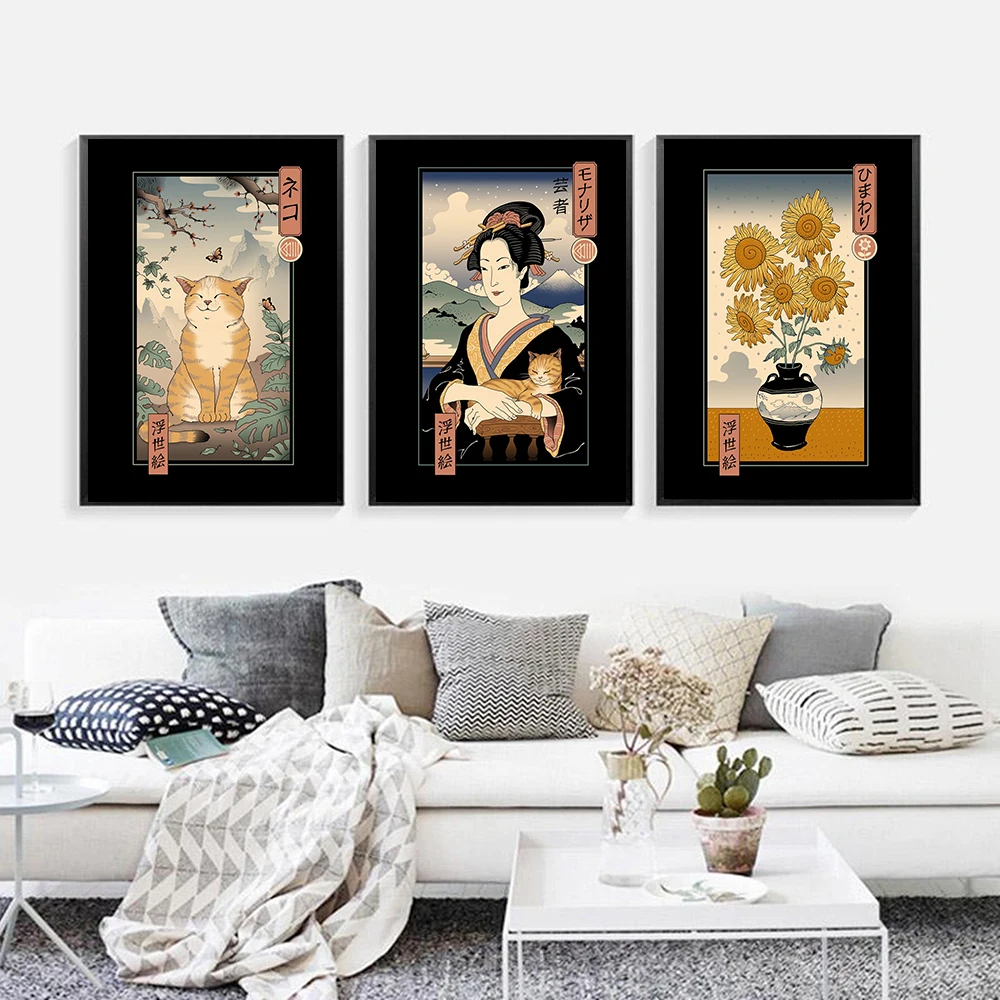 

Japanese Neko Ramen Poster Ukiyoe Woman Cat Canvas Painting Cartoon Art Print HD quality Wall Picture For Living Room Home Decor