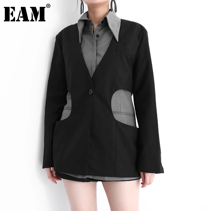 

Женский Асимметричный Блейзер EAM, черный, серый свободный блейзер с отложным воротником и длинным рукавом, весна-осень 2022, 1DE332401