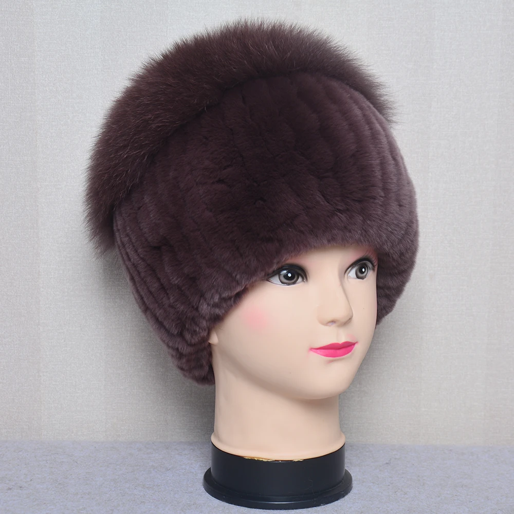 

Brand Women Real Genuine Fox Fur Beanies Hat Girls Natural Real Rex Rabbit Fur Skullies Cap Good Elastic Knitted Real Fur Hats