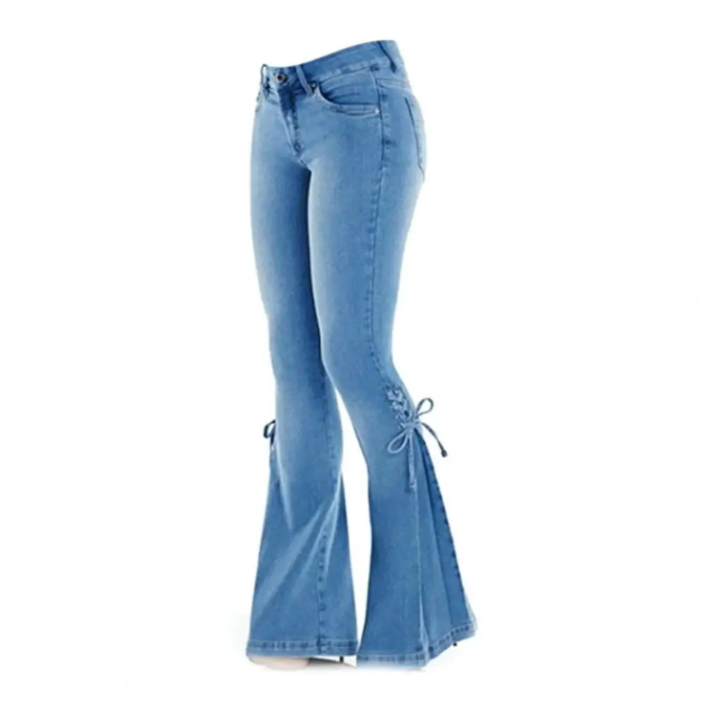 

Women's Flare Jeans Mid Waist Bandage Wide Leg Trousers Butt-lifted Lady Jeans for Daily Wear Black XXXXL Women Clothes