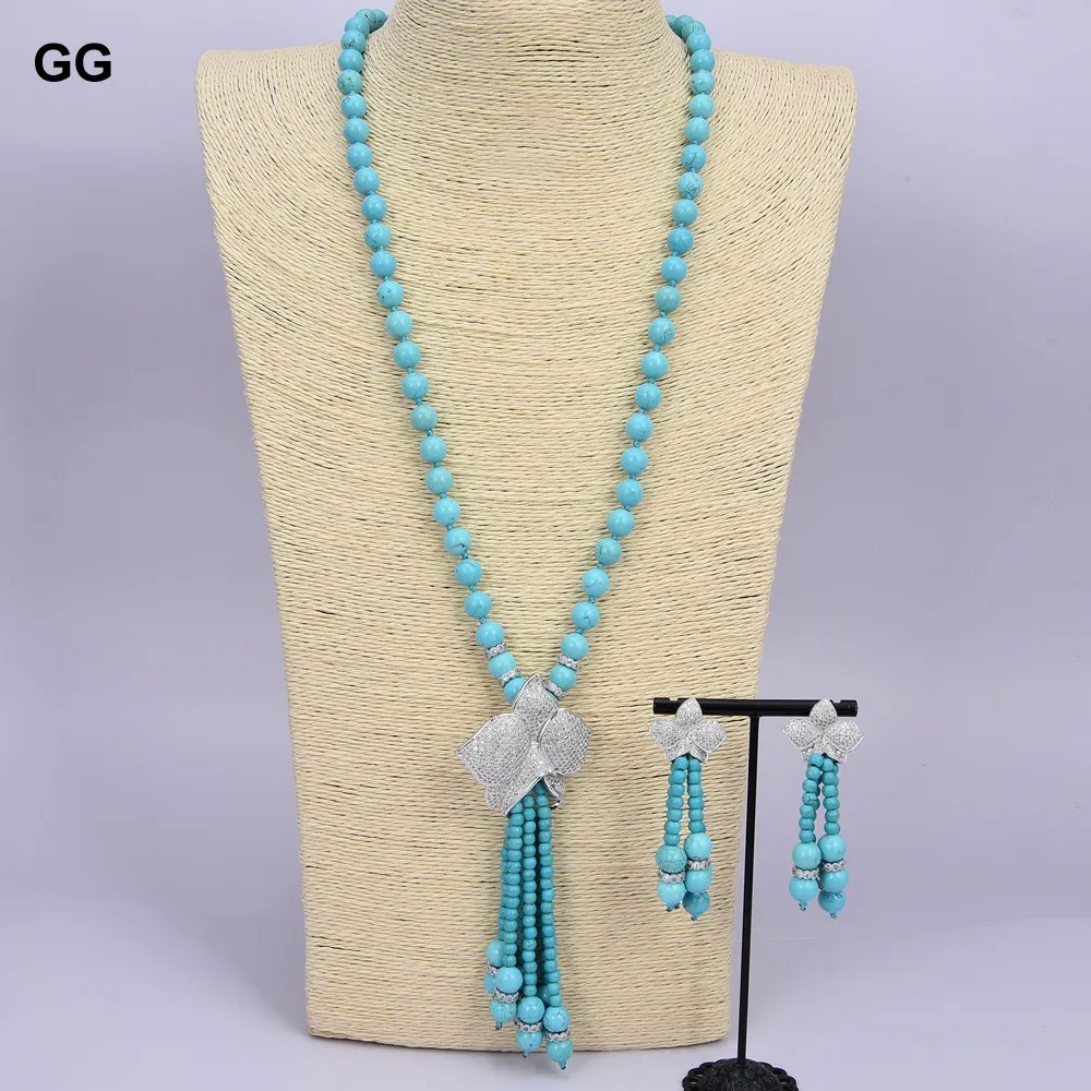 GG Jewelry 25 &quotСиний Бирюзовый камень кубический цирконий паве цветок кисточка кулон