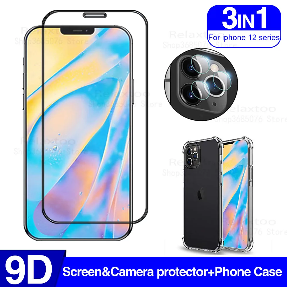 3 в 1 прозрачный силиконовый чехол из ТПУ для apple iphone 12 pro max закаленное стекло на ipone