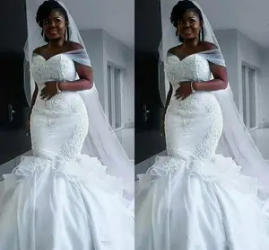 African Mermaid Embroidery Long Wedding Dresses Off Shoulder Satin Bridal Gowns Indian vestido noiva Plus Size Wedding Dresss