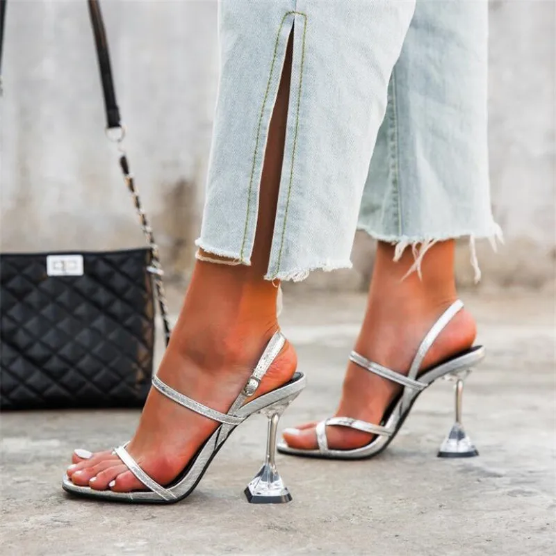 

Сандалии женские на высоком каблуке, пикантные туфли с ремешком и открытым носком, с прозрачными кристаллами из перспекса и змеиной кожи, с ...