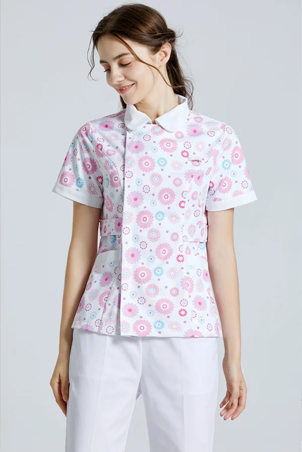 

New Front Side Button Opening Nurse Print Uniform Summer Short Sleeve Beauty Salon Skin Caring Dental Workingwear Top+Pant Set