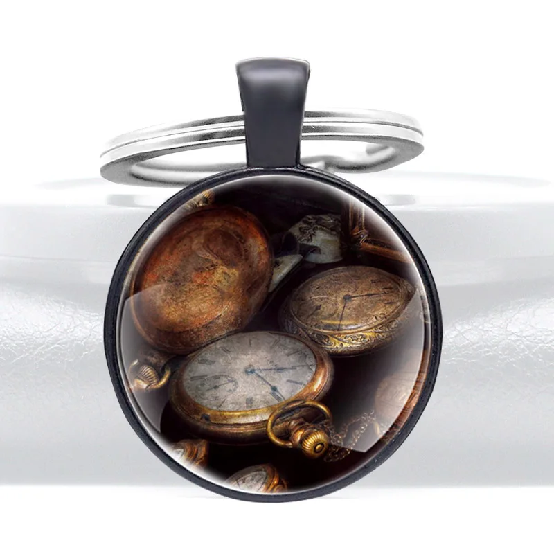 

Vintage Steampunk Design Glass Dome Black Classic Keychains Men Women Unique Keyring Jewelry брелок Best Gifts