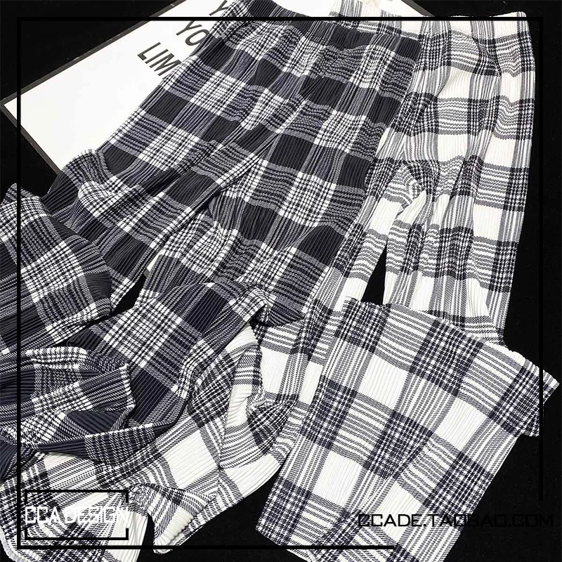 

CCA Homemade High Street Big Brand Style Plaid Pleated Mop Wide Leg Pants Pleated Plaid Pleated Loose Casual Pants for Women