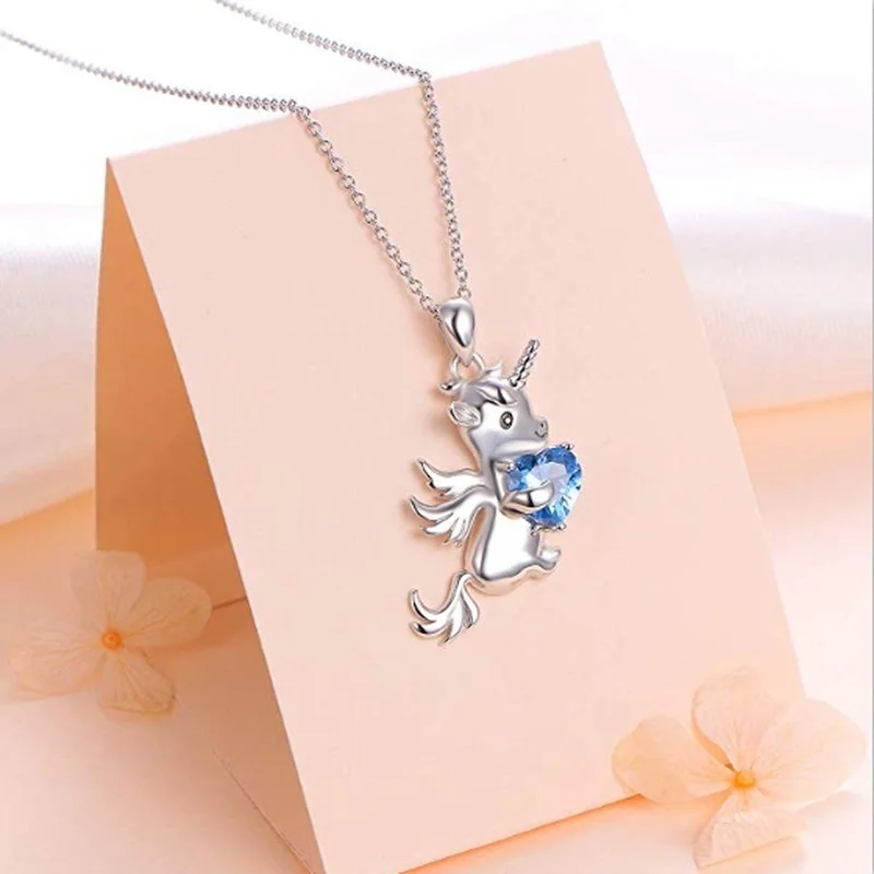 

New Trend Luxury Exquisite Unicorn Heart-shaped Blue Zircon Cute Pendant Necklace Female Valentine's Day Jewelry Gift Wholesale