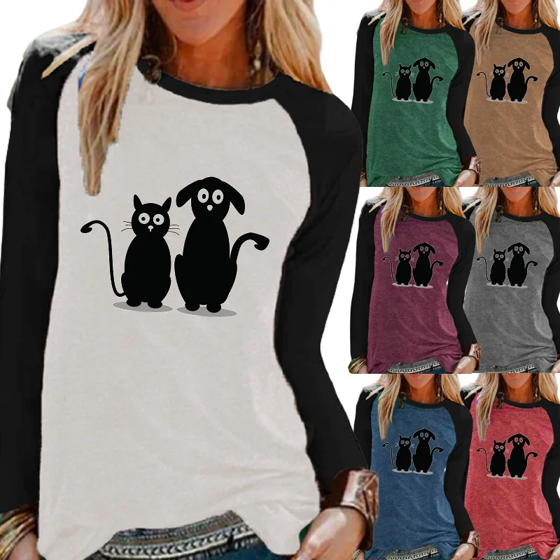 

Women Autumn Fashion Cartoon Cat Printing Graphic Tops Casual Shirt Elegent Round Neck Pullover Raglan Long Sleeve Oversize Tops