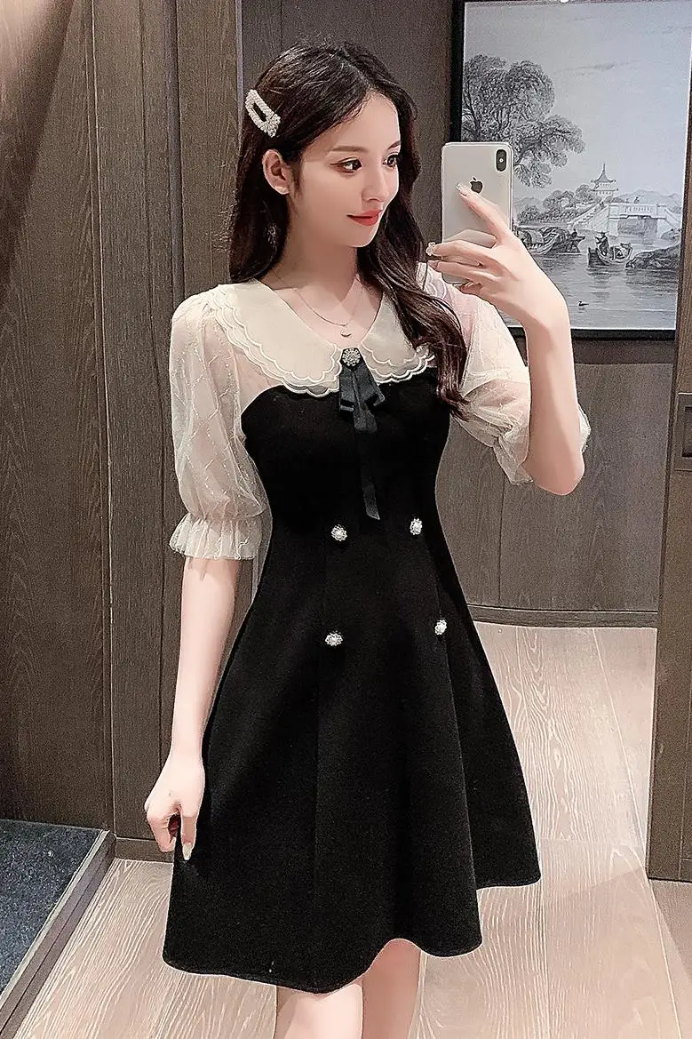 

COIGARSAM Patchwork Women one-piece dress korean New Summer Dresses Black 606