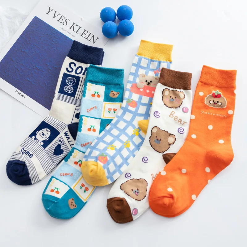 

Spring Autumn Korea Japanese Kawaii Harajuku Woman Socks Cotton Cherry Little Bear Fruit Socks Women