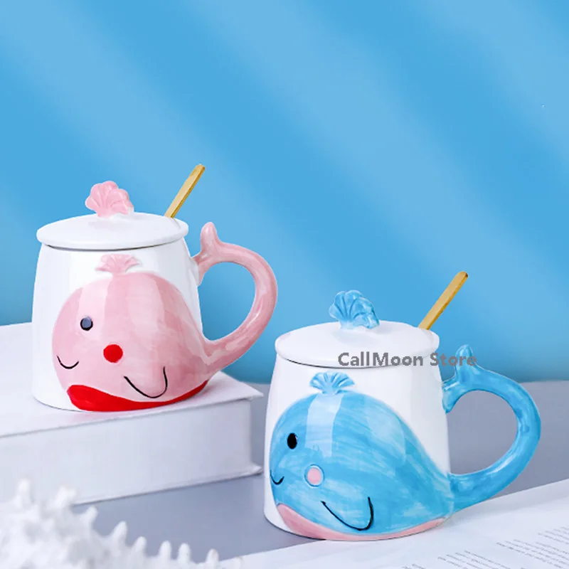 

Керамическая кружка с изображением Кита, креативная кофейная чашка с крышкой, ложкой, розовая, синяя керамическая кружка, молочные чашки с р...