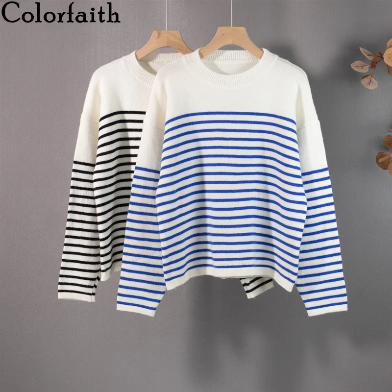 

Colorfaith New 2021 Women Autumn Winter Sweaters Knitted Striped Warm Oversized Fashionable Vintage Pullovers Lady Tops SW1399JX
