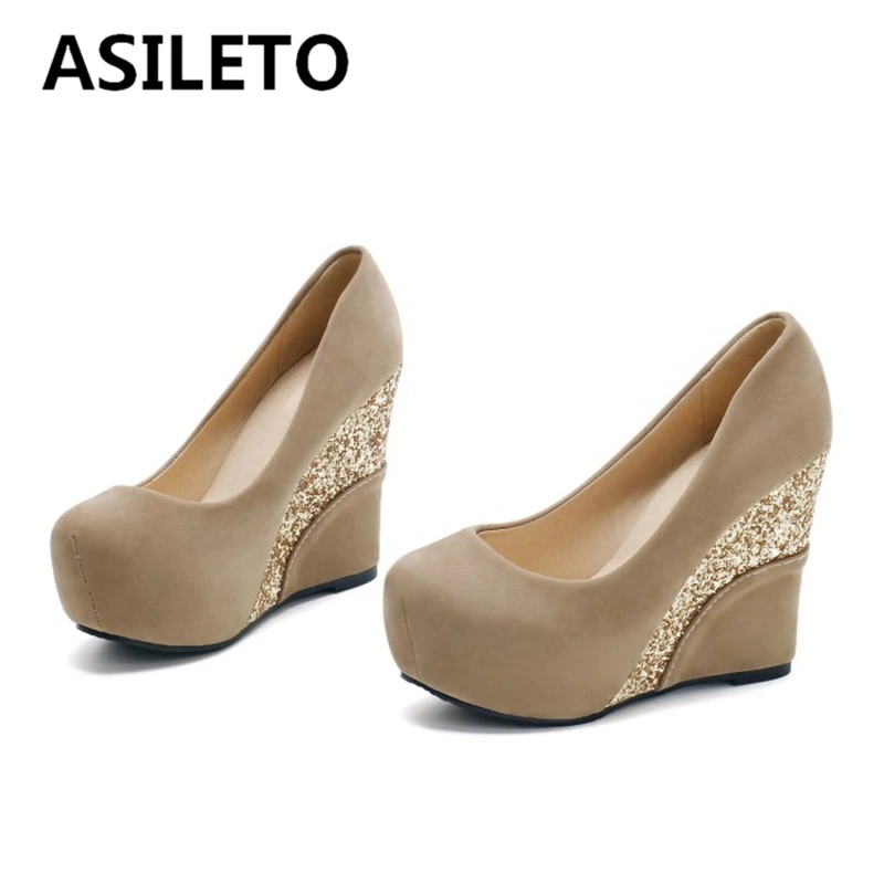 

ASILETO Plus Size 33-43 Black Apricot Spring Glitter Fashion Woman's Platform Shoes Pumps Round Toe Flock Wedges Slip on S2829