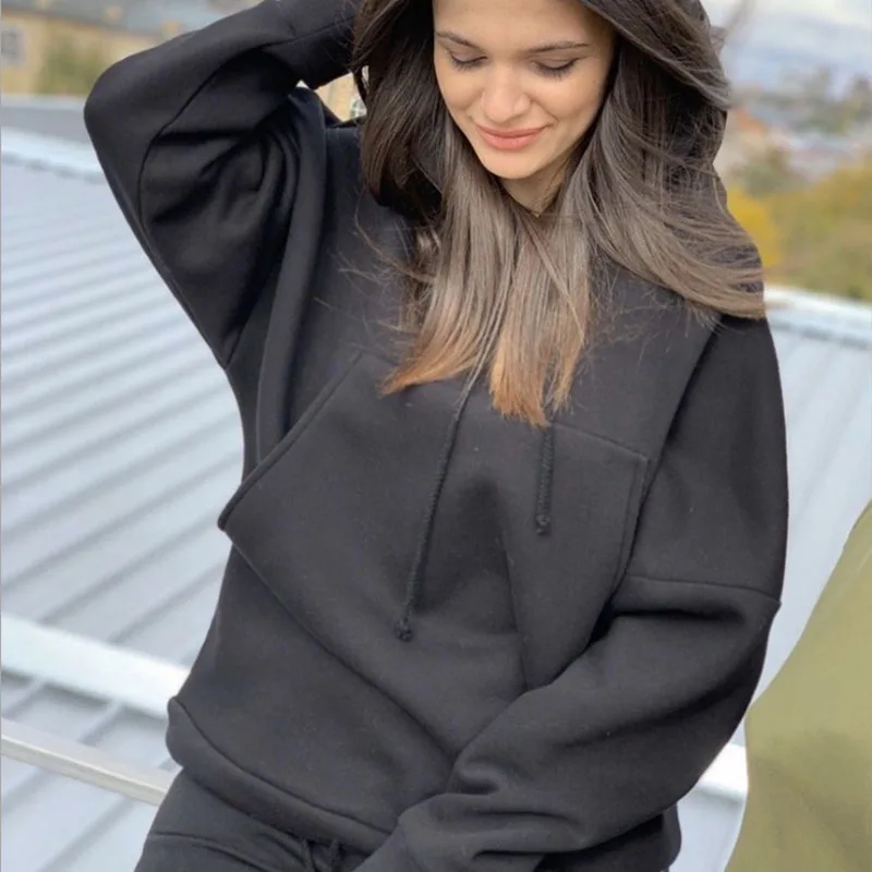

Spring Autumn Casual Hooded Two Piece Set Fashion Solid Pullover Tops And Long Pants Sportswear Drawstring Suit Women Tracksuits