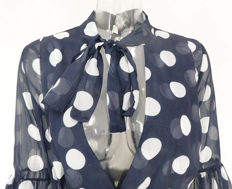 

Bonnie Forest Elegant Dot Print Ruffles Mesh Open Back Dress Autumn Long Sleeves Ruched Chffion Short Party Dress Female Robes