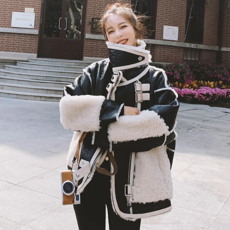 Женское пальто из овечьей шерсти зимняя новая Толстая меховая мотоциклетная