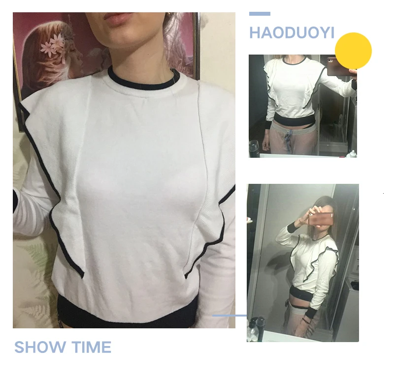 HDY Haoduoyi, модный осенний тонкий пуловер, женский джемпер, вязаные топы с длинным рукавом, женский милый тонкий свитер с оборками
