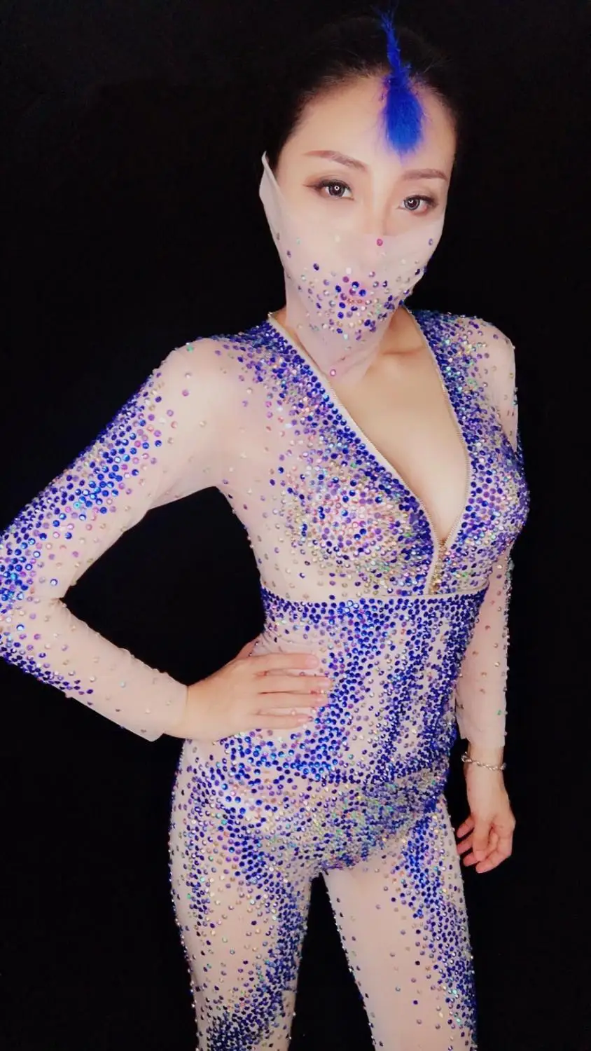 

Women New Full Rhinestones Mesh Jumpsuit Celebrate Perspective Bodysuit Sexy Belt Costume Performance Evening Sexy Wear