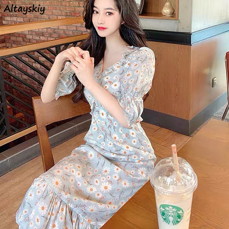 

Платья для женщин с коротким рукавом летние цветочные простой темперамент кепки, кепки в стиле праздника с рюшами и рисунком маргаритки мяг...