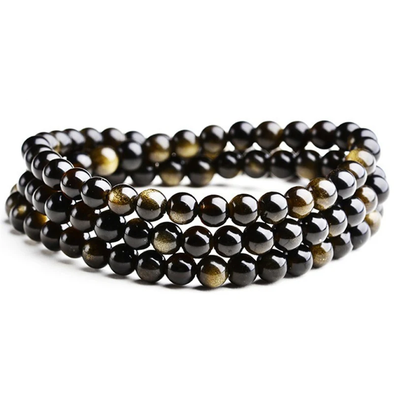 Оптовая продажа joursneige Натуральные золотые Обсидиан браслеты 108 круглые бусины