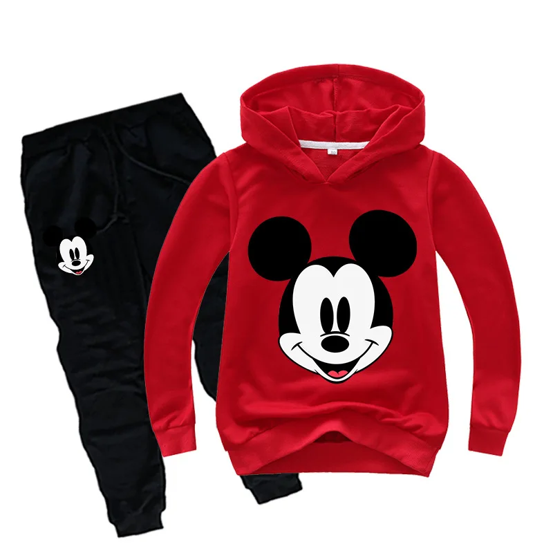 Red Mickey Комплект детской одежды с рисунком Микки и Минни, футболки для маленьких девочек, толстовки с капюшоном+ штаны костюмы из 2 предметов комплект для мальчиков, толстовки детская спортивная одежда - Цвет: Red Mickey