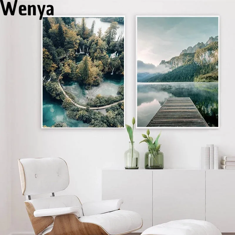 

Scandinavian Nature Landscape Wall Art Poster Mountain Lake Boat Print Nordic Painting Decorative Picture Modern Home Decoration
